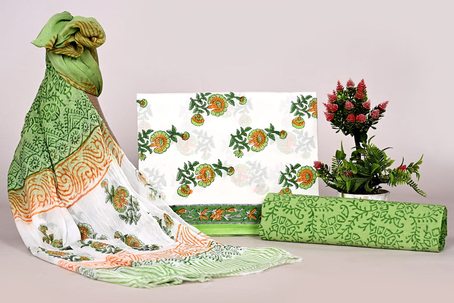 Ethnic Jaipuri Handblock Print Cotton Dress Material with Chiffon Dupatta