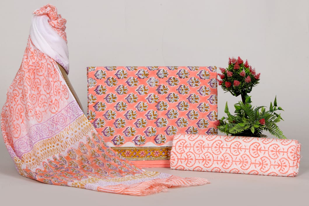 Premium Handblock Print Cotton Unstitched Suit with Chiffon Dupatta – Ethnic Wear