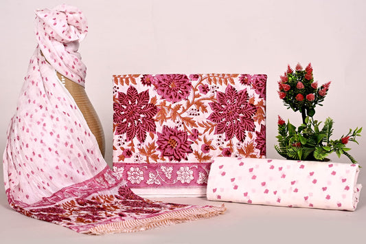 Traditional Hand Block Printed Cotton Suit Dress Material with Chiffon Dupatta – Unstitched