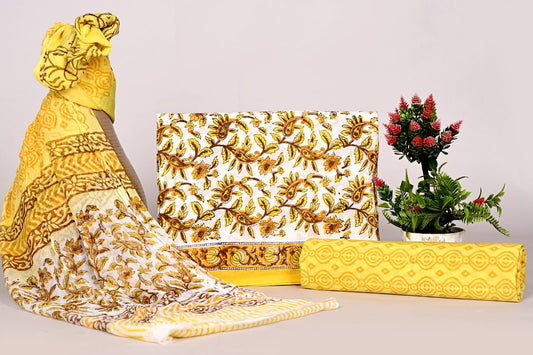 Premium Jaipur Handblock Printed Cotton Unstitched Suit Set with Chiffon Dupatta for Women