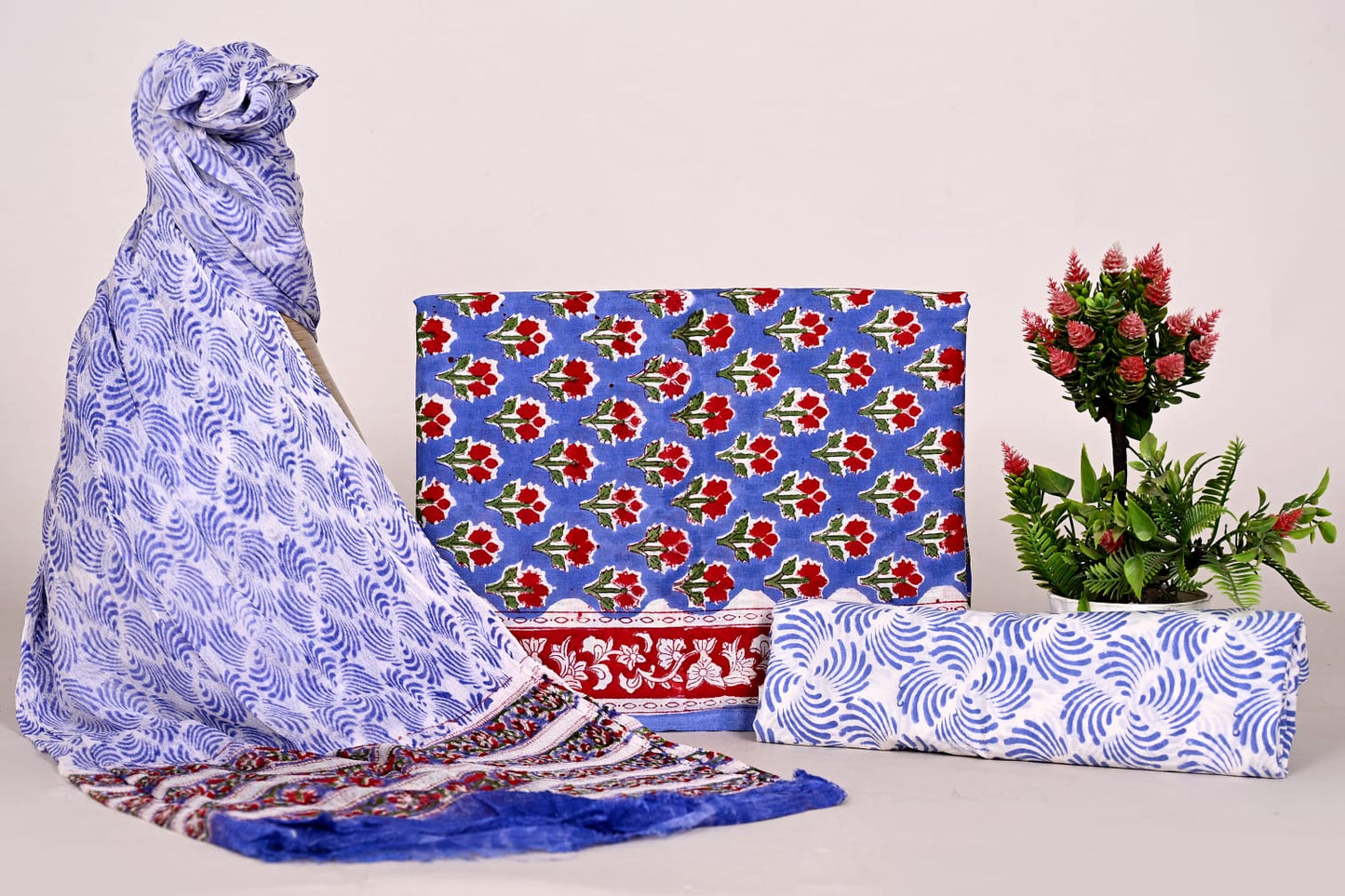 Designer Handblock Printed Cotton Suit Fabric with Chiffon Dupatta – Unstitched