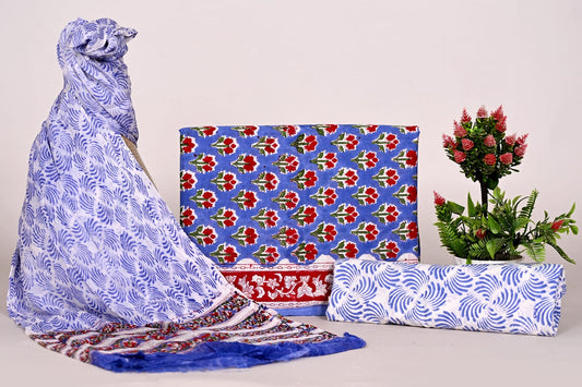 Designer Handblock Printed Cotton Suit Fabric with Chiffon Dupatta – Unstitched