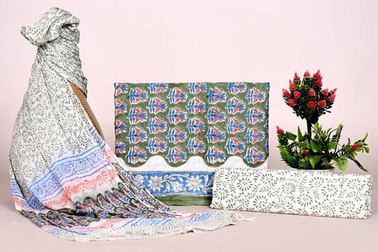 Traditional Indian Handblock Printed Cotton Suit Set with Chiffon Dupatta