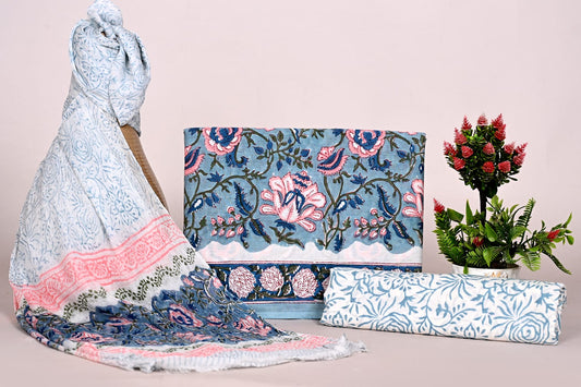 Jaipur Handblock Print Cotton Suit Dress Material with Chiffon Dupatta