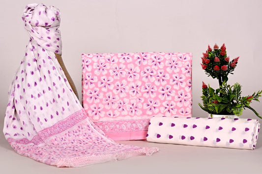 Traditional Handblock Print Cotton Suit Set with Chiffon Dupatta – Unstitched
