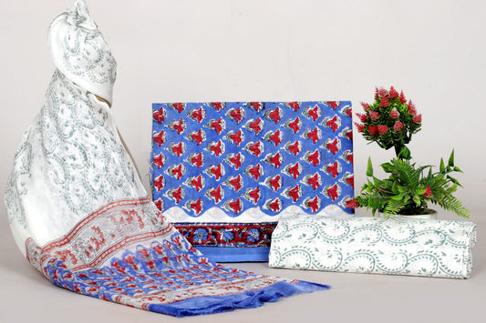 Rajasthani Handblock Print Cotton Unstitched Suit Set with Chiffon Dupatta