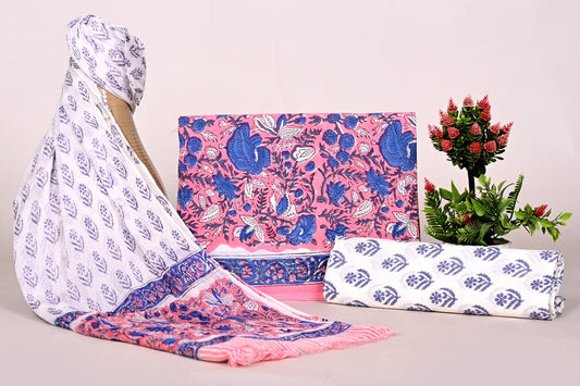 Ethnic Handblock Printed Cotton Dress Material Suit with Chiffon Dupatta