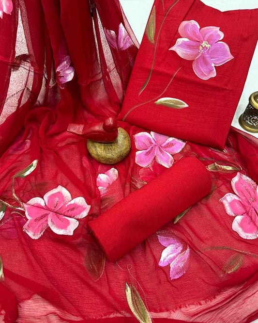 Authentic Jaipur Handblock Cotton Suit Set with Chiffon Dupatta – Unstitched for Women