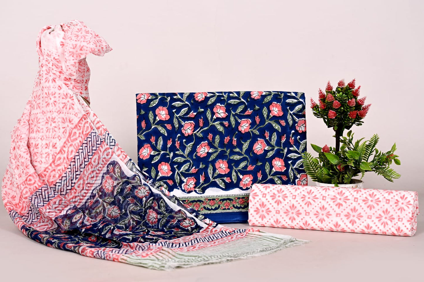 Handblock Printed Cotton Unstitched Suit Set with Chiffon Dupatta for Women