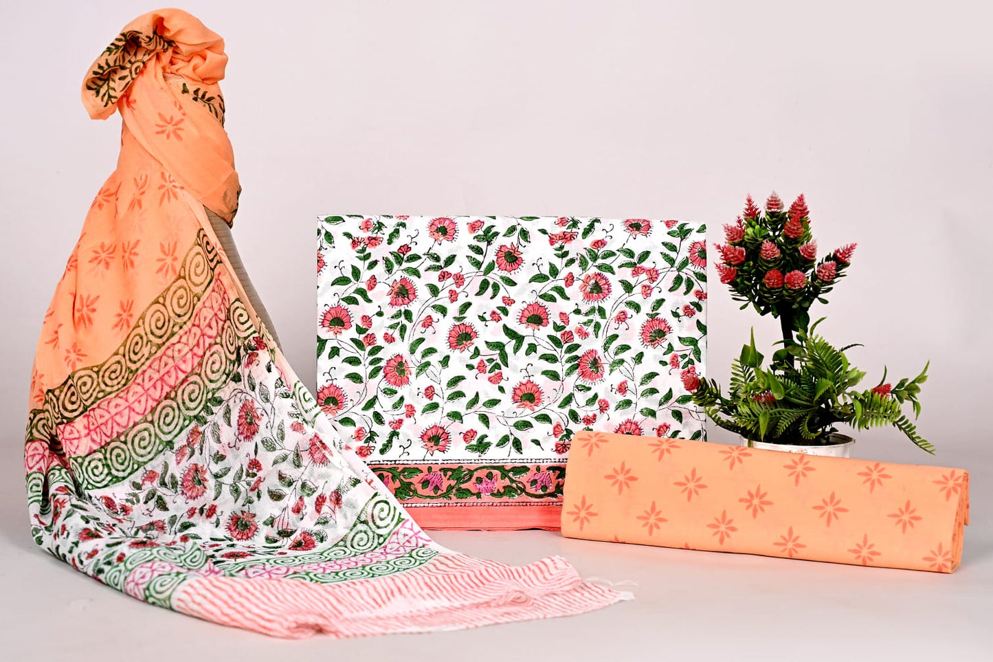 Rajasthani Hand Block Print Cotton Suit with Chiffon Dupatta – Unstitched Dress Material