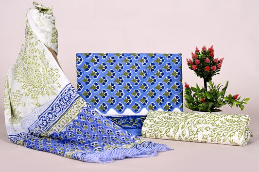 Elegant Handblock Print Cotton Suit Set with Chiffon Dupatta for Women – Unstitched