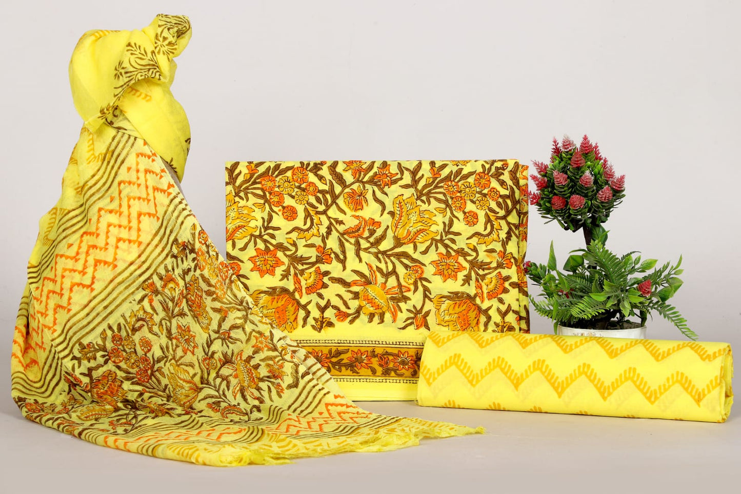 Jaipur Handblock Print Cotton Suit with Chiffon Dupatta – Unstitched Ethnic Wear