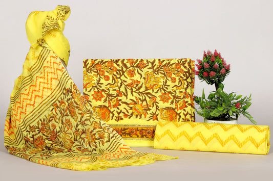 Jaipur Handblock Print Cotton Suit with Chiffon Dupatta – Unstitched Ethnic Wear