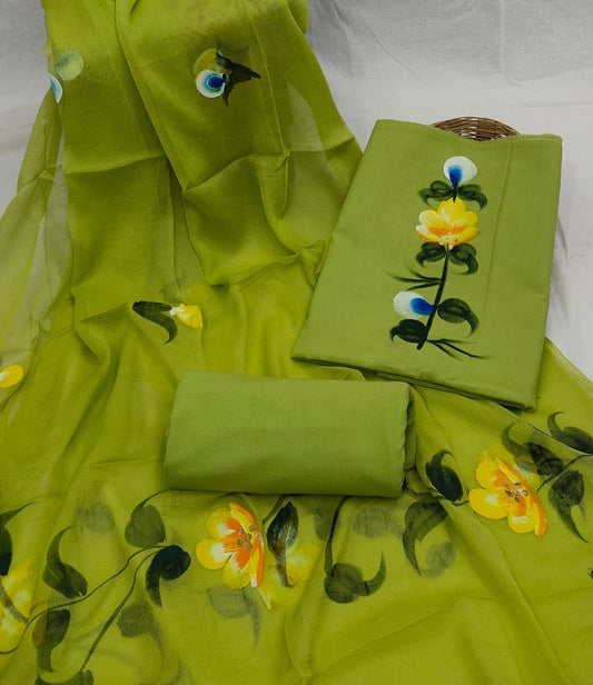 Traditional Hand Block Print Cotton Suit Set with Chiffon Dupatta – Unstitched Dress Material