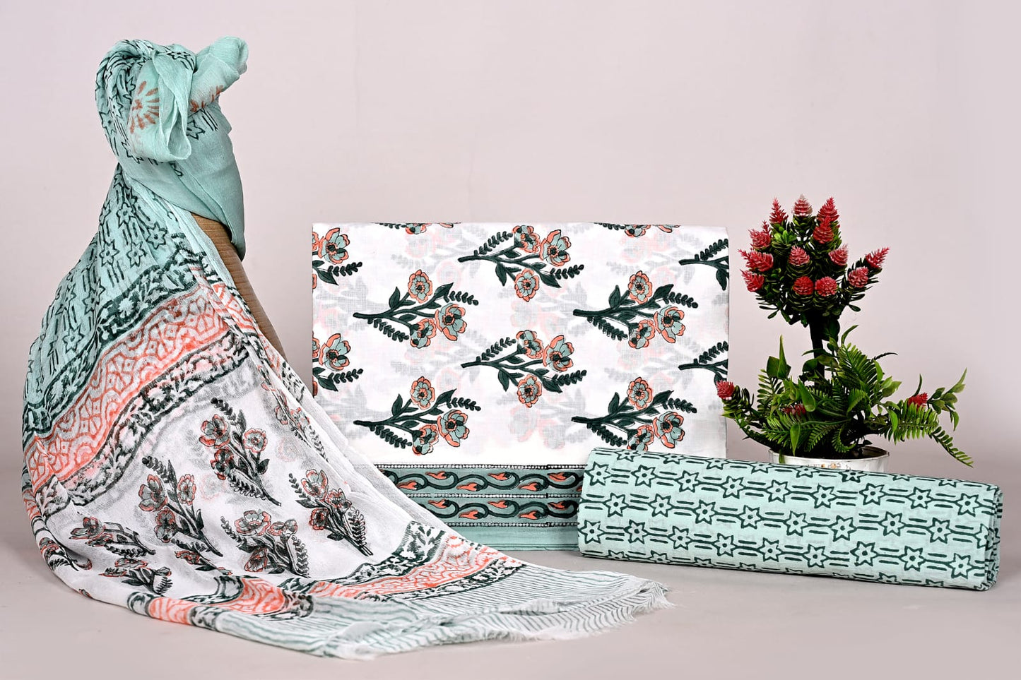 Women’s Bagru Handblock Print Cotton Suit Set with Chiffon Dupatta – Unstitched Dress Material