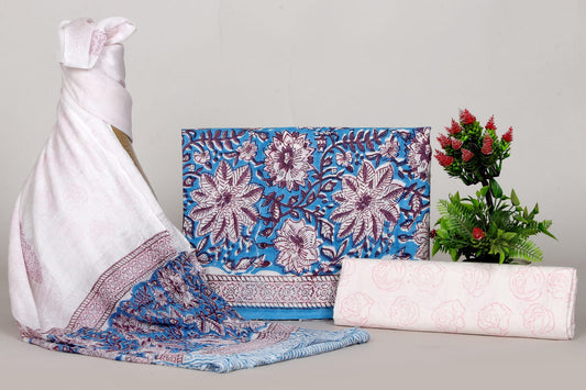 Jaipur Bagru Print Cotton Unstitched Suit with Chiffon Dupatta – Handmade Ethnic Suit Set