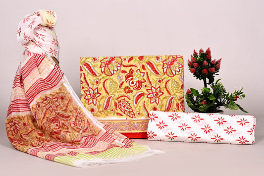 Jaipur Bagru Hand Block Printed Cotton Unstitched Suit Set with Chiffon Dupatta for Women