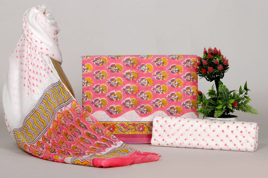 Hand Block Bagru Print Cotton Unstitched Suit Set with Chiffon Dupatta – Ethnic Wear for Women