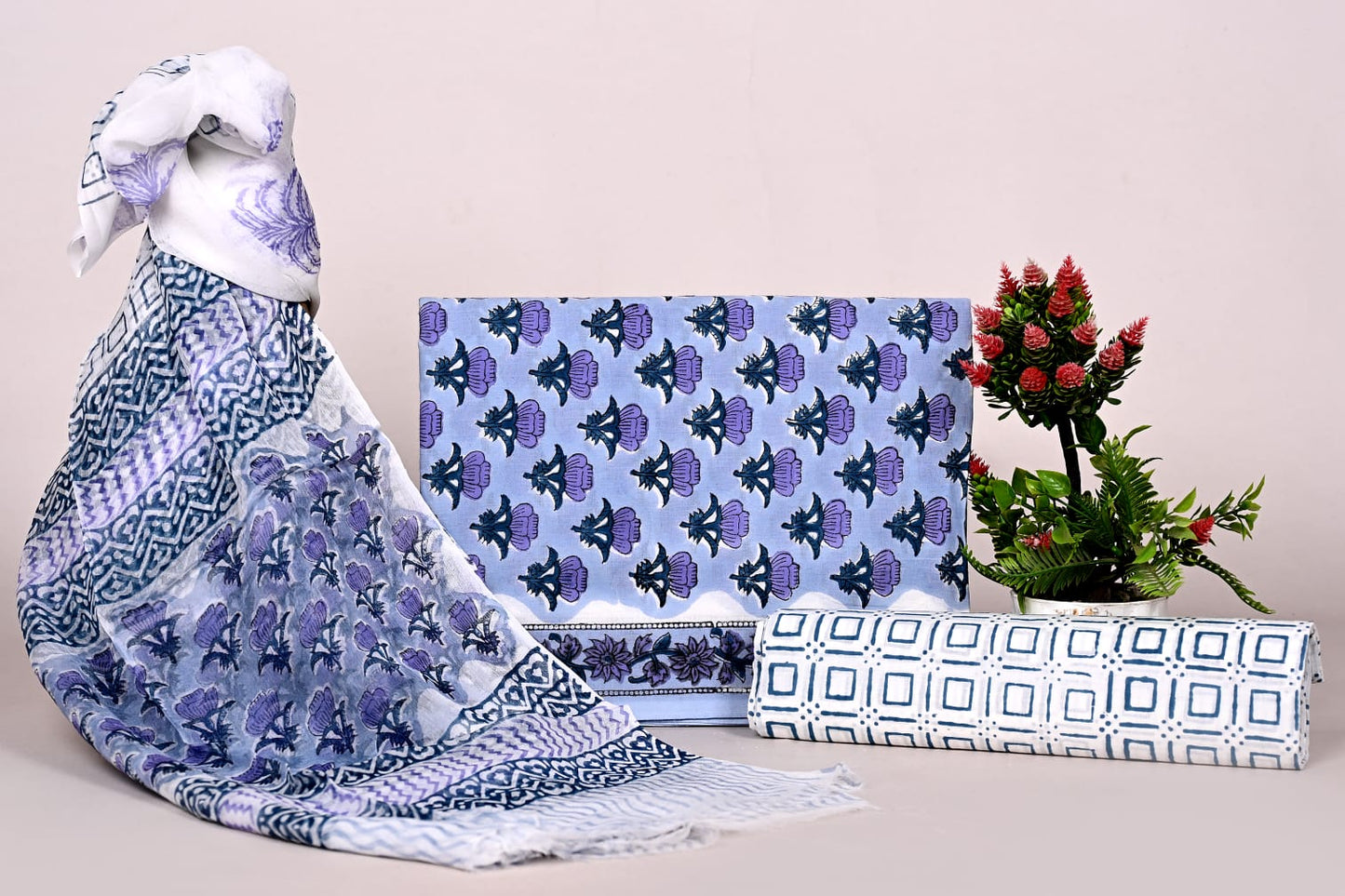 Jaipur Handblock Print Cotton Suit Set with Chiffon Dupatta – Traditional Ethnic Wear