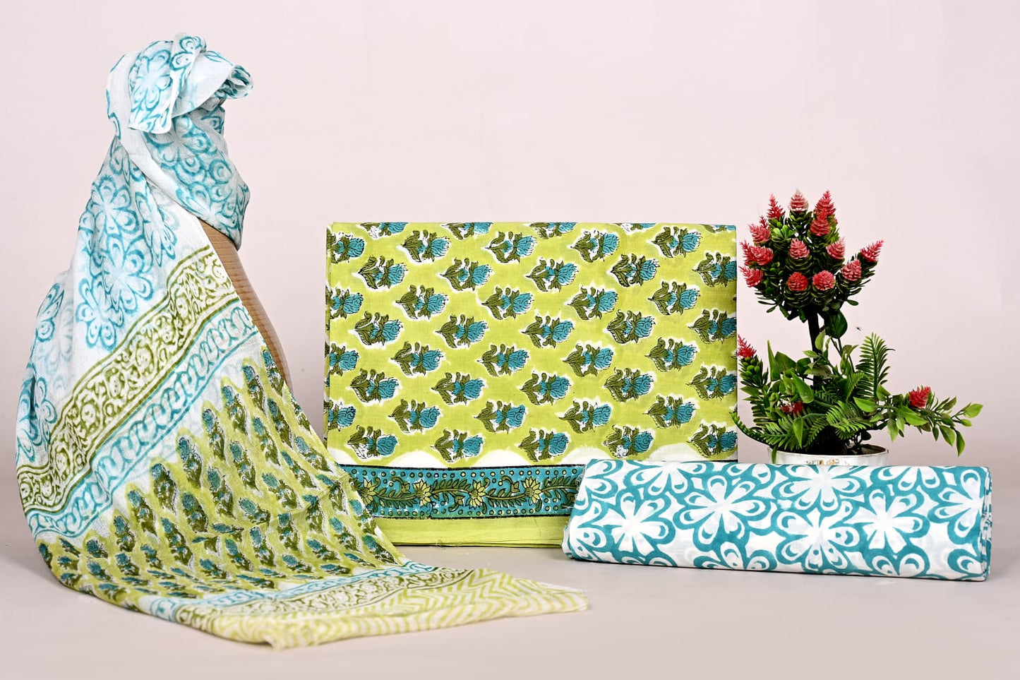Elegant Handblock Printed Cotton Suit Set with Chiffon Dupatta for Women