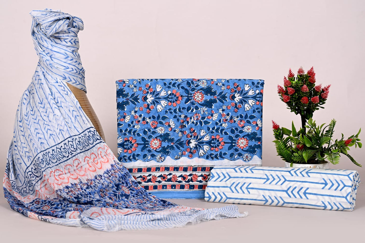 Ethnic Handblock Print Cotton Unstitched Suit Set with Chiffon Dupatta