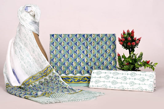Traditional Hand Block Print Cotton Suit Set with Chiffon Dupatta – Unstitched Dress Material