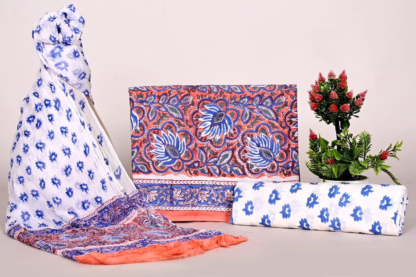 Designer Jaipur Handblock Print Cotton Suit with Elegant Chiffon Dupatta