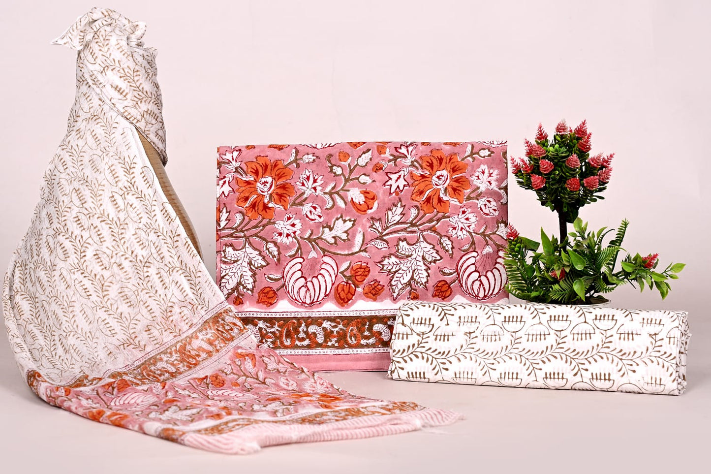 Ethnic Jaipur Handblock Print Cotton Suit Set with Soft Chiffon Dupatta