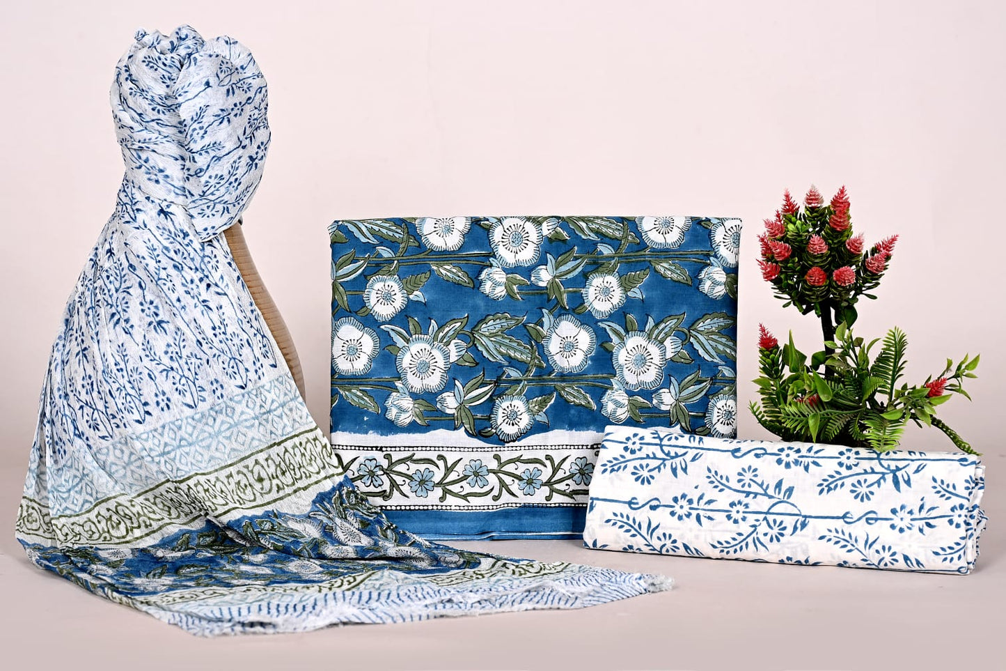 Hand Block Printed Cotton Unstitched Salwar Suit with Chiffon Dupatta for Women