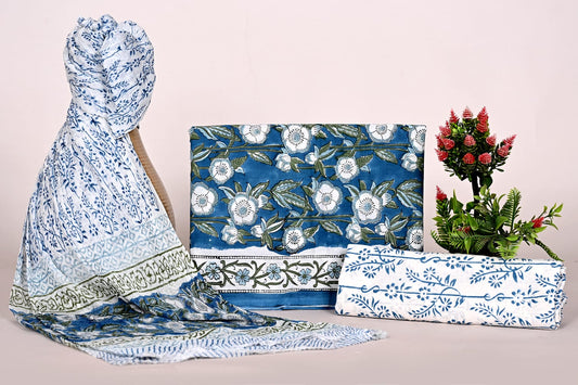 Hand Block Printed Cotton Unstitched Salwar Suit with Chiffon Dupatta for Women
