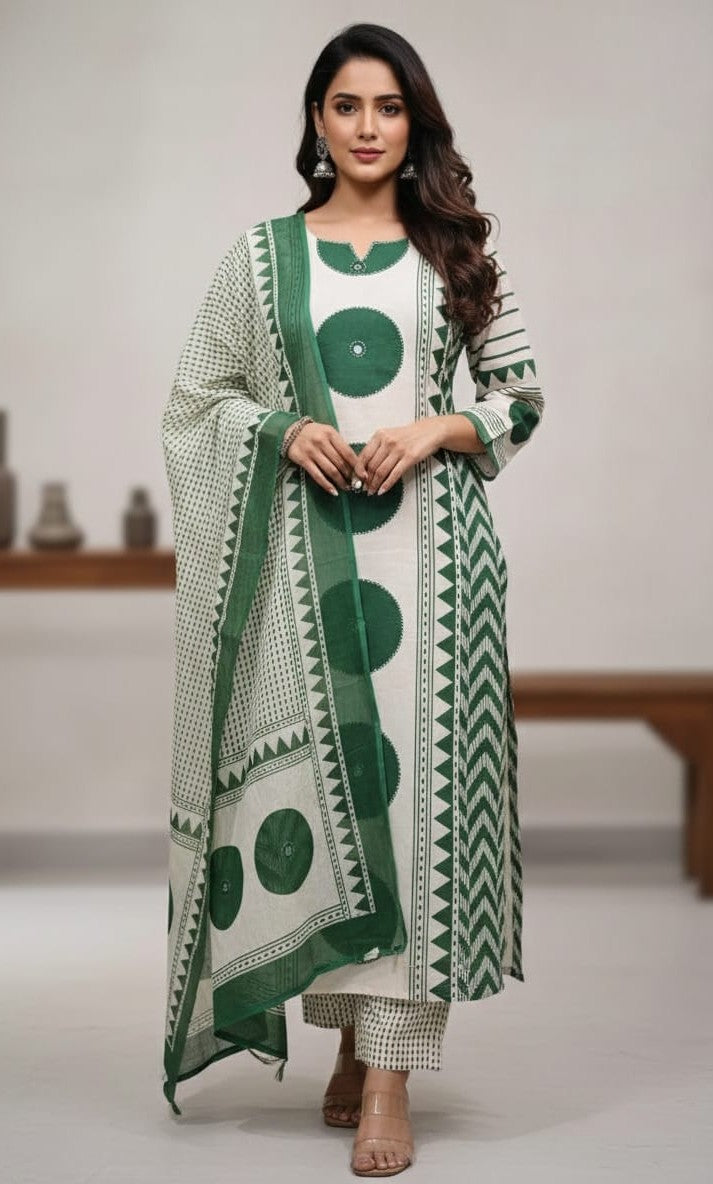 Bagrubazzar Handblock Printed Pure Cotton Kurta with Pants & Dupatta (BBKF37)