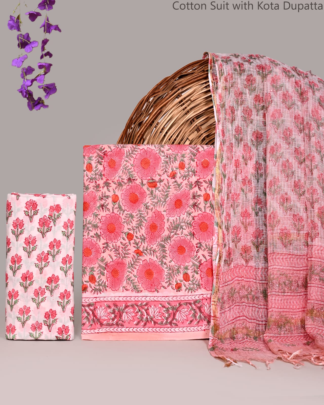 Bagrubazzar Indian Ethnic Jaipur Handblock Cotton Suit Set with Kota Doria Dupatta