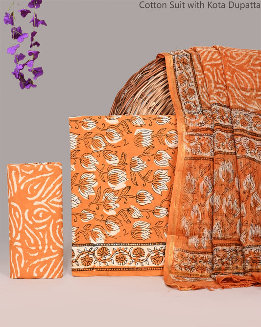 Bagrubazzar Ethnic Jaipur Block Print Cotton Suit Set with Kota Doria Dupatta
