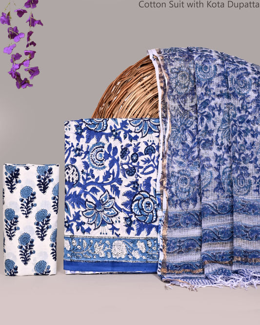 Bagrubazzar Authentic Jaipur Handblock Cotton Suit Set with Kota Doria Dupatta