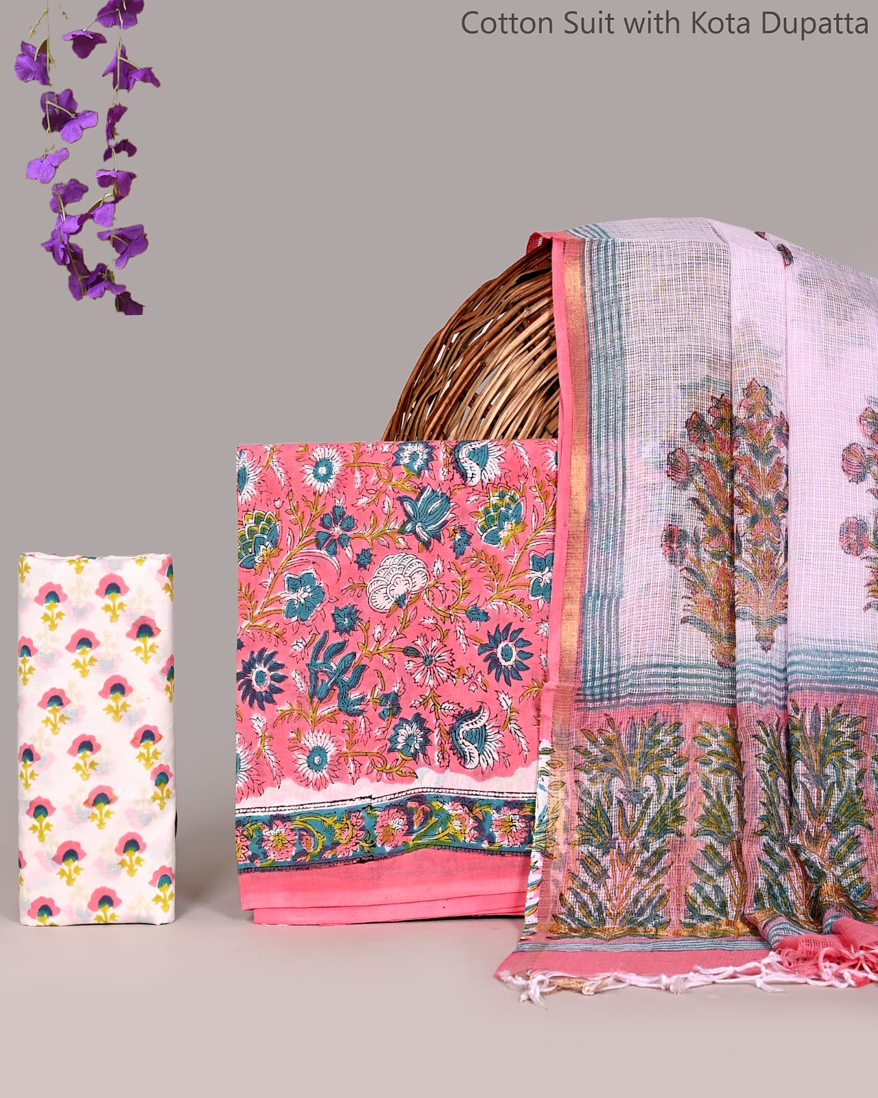Bagrubazzar Designer Jaipur Handblock Cotton Suit Set with Kota Doria Dupatta