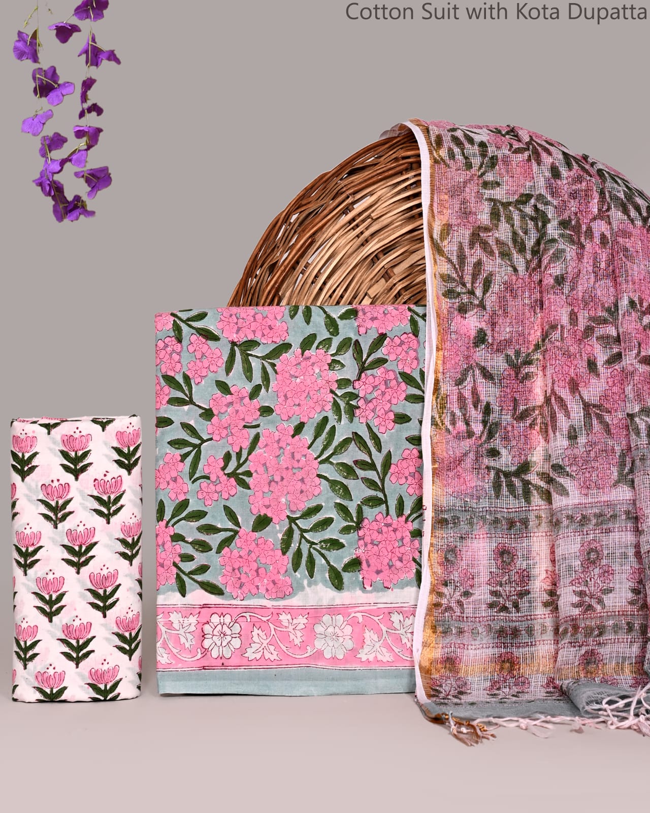 Bagrubazzar Floral Jaipur Print Cotton Suit Set with Kota Doria Dupatta for Women