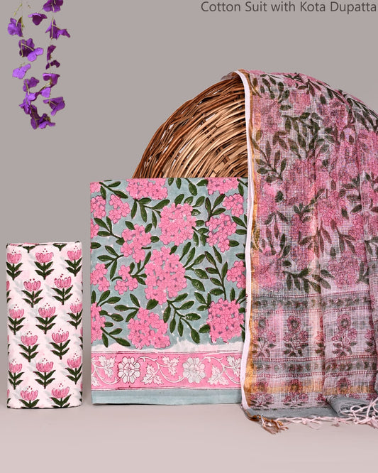 Bagrubazzar Floral Jaipur Print Cotton Suit Set with Kota Doria Dupatta for Women