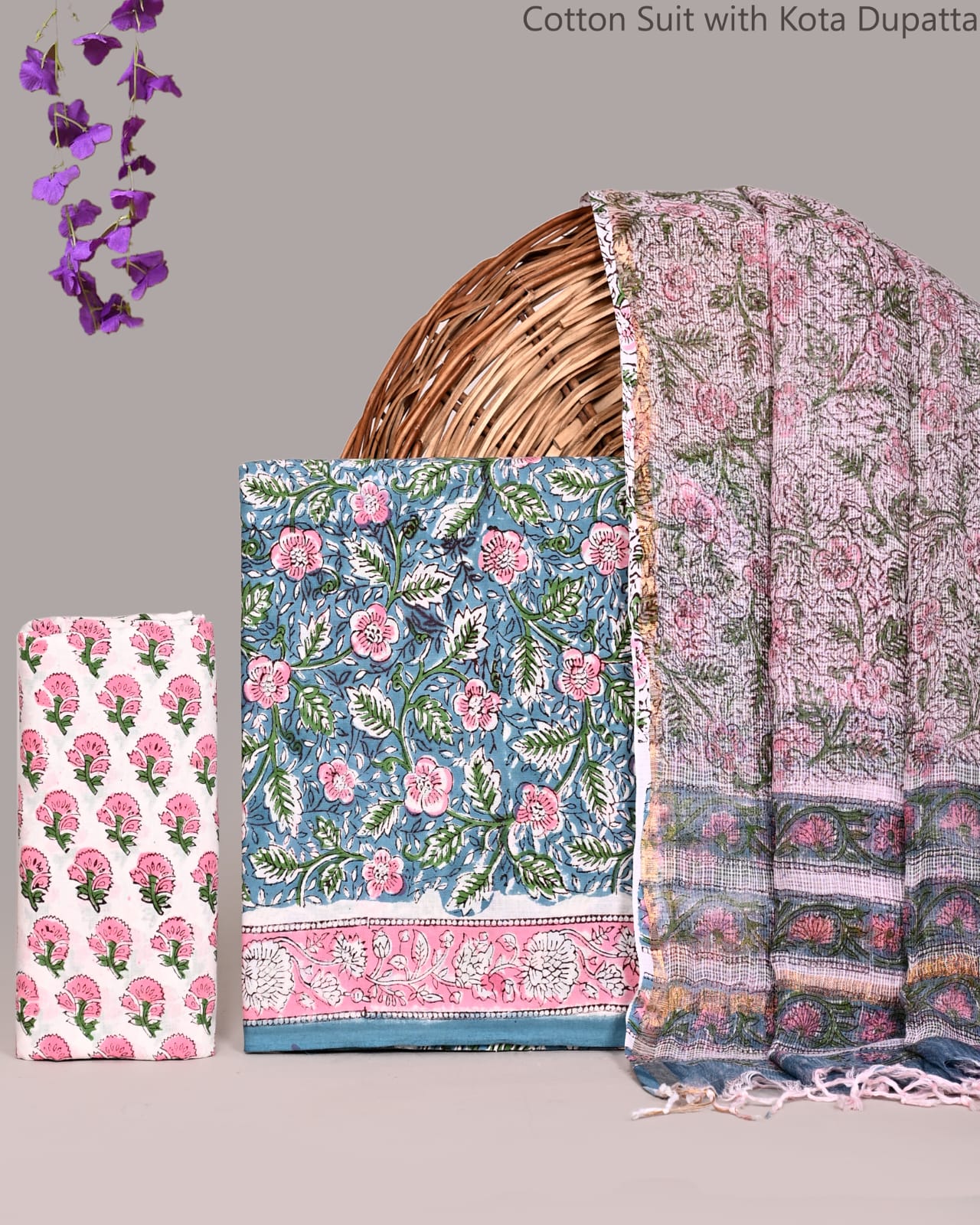 Bagrubazzar Traditional Jaipur Print Cotton Suit Set with Kota Doria Dupatta for Women