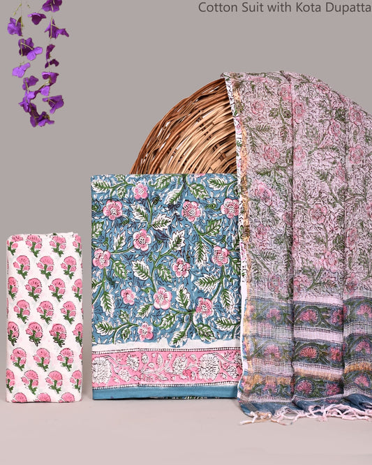 Bagrubazzar Traditional Jaipur Print Cotton Suit Set with Kota Doria Dupatta for Women
