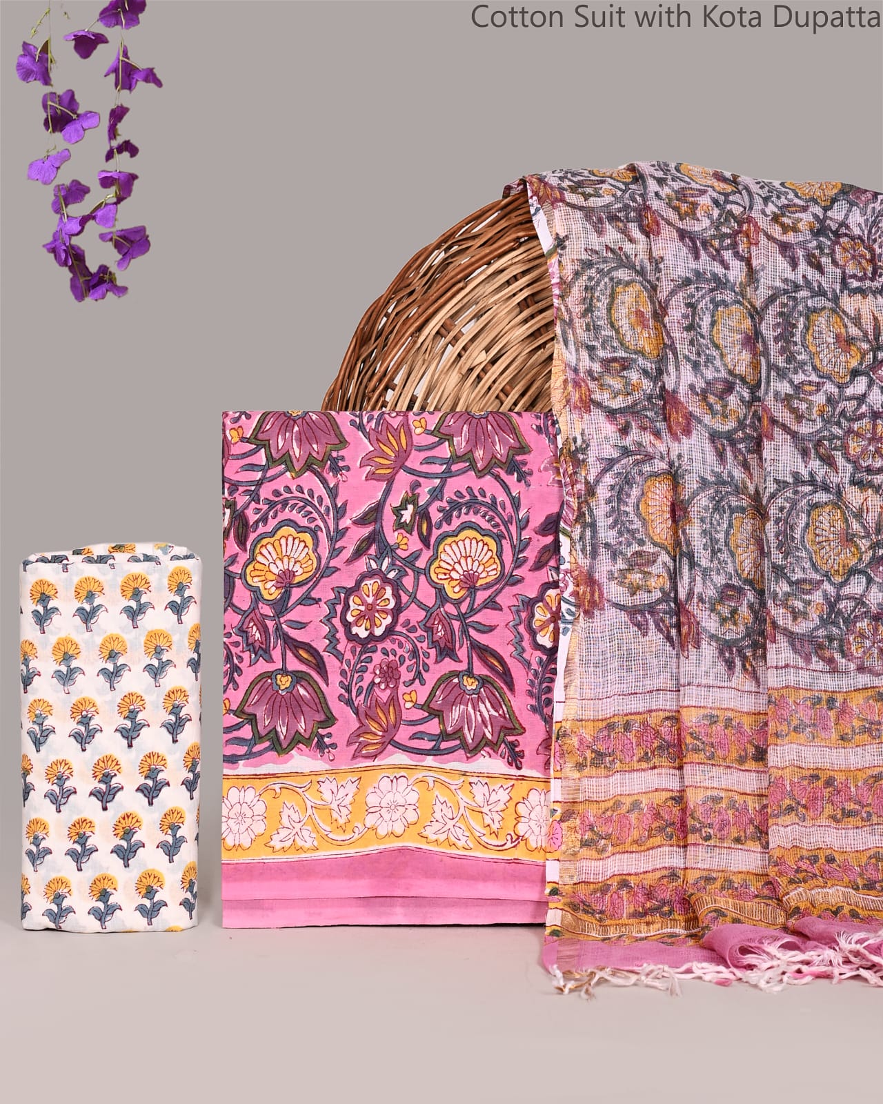 Bagrubazzar Handblock Jaipur Print Cotton Suit Set with Kota Doria Dupatta for Women