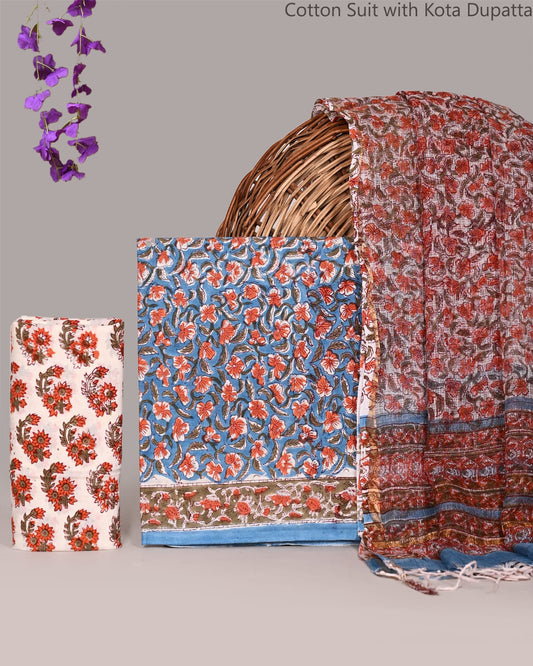 Bagrubazzar Bagru Handblock Printed Cotton Suit Set with Kota Doria Dupatta for Women