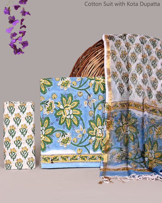 Bagrubazzar Bagru Hand Block Printed Cotton Suit Set with Kota Doria Dupatta