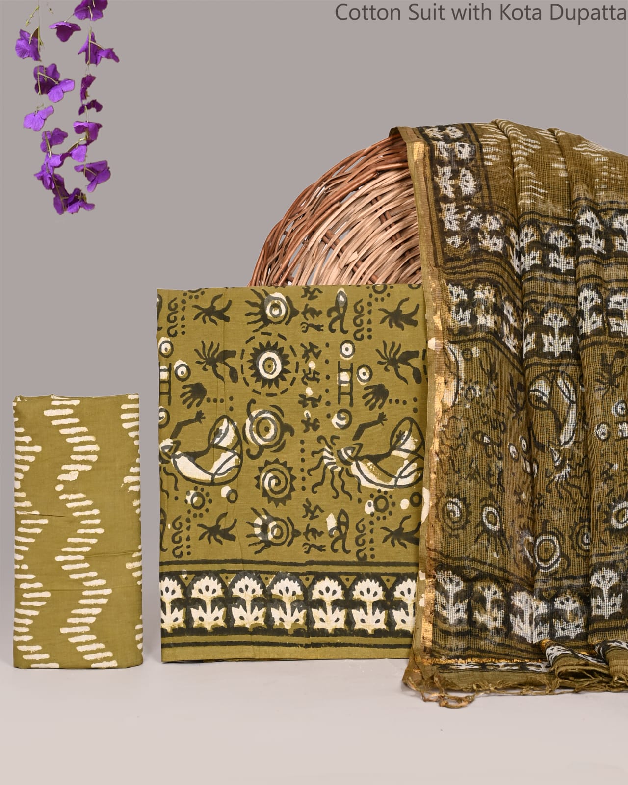 Bagrubazzar Authentic Bagru Handblock Printed Cotton Suit Set with Kota Doria Dupatta