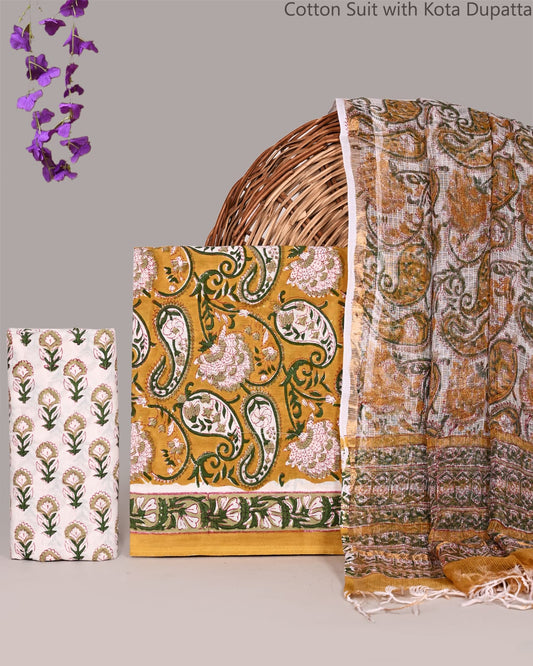 Bagrubazzar Women Handblock Printed Cotton Suit Set with Kota Doria Dupatta