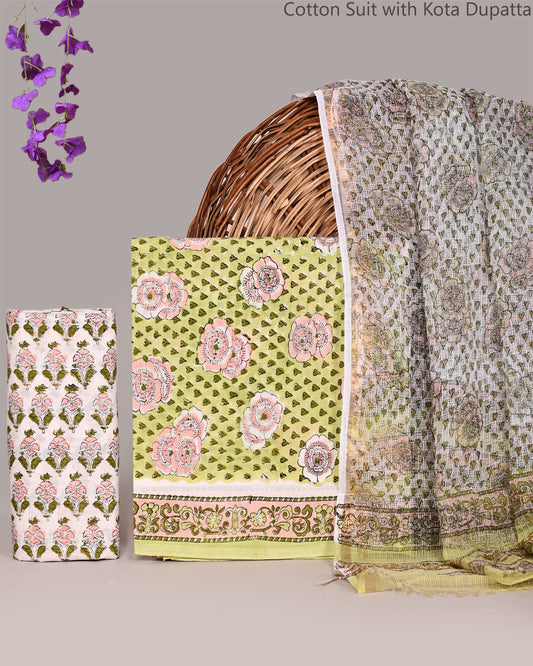 Bagrubazzar Women Handblock Printed Cotton Suit Set with Kota Doria Dupatta