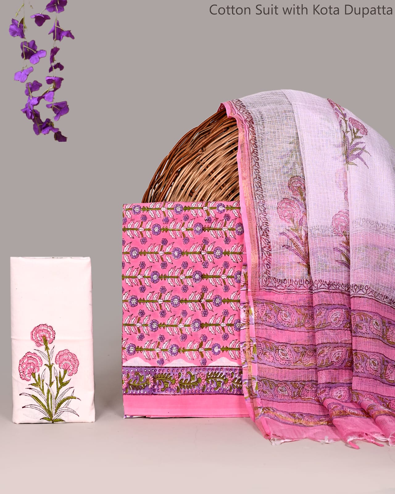 Bagrubazzar Artisan Handblock Printed Cotton Suit Set with Kota Doria Dupatta