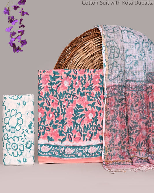 Bagrubazzar Women Ethnic Cotton Suit Set with Handblock Print & Kota Doria Dupatta