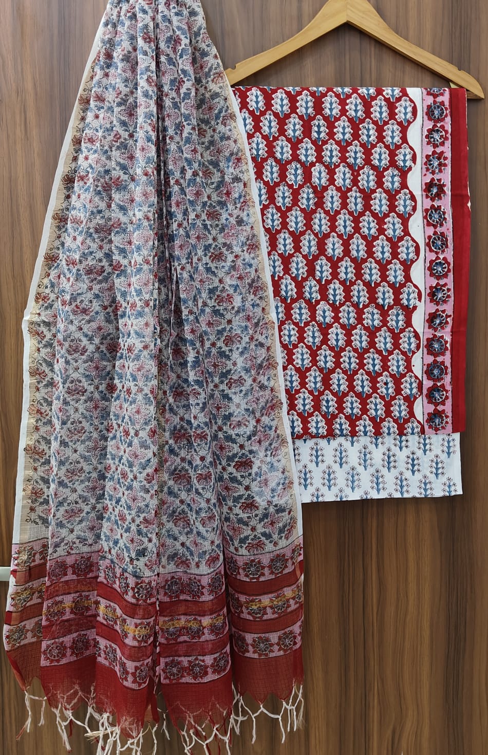Bagrubazzar Handblock Printed Cotton Suit Set with Kota Doria Dupatta for Women