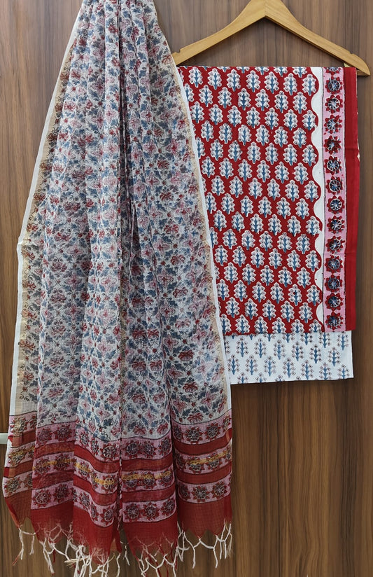 Bagrubazzar Handblock Printed Cotton Suit Set with Kota Doria Dupatta for Women