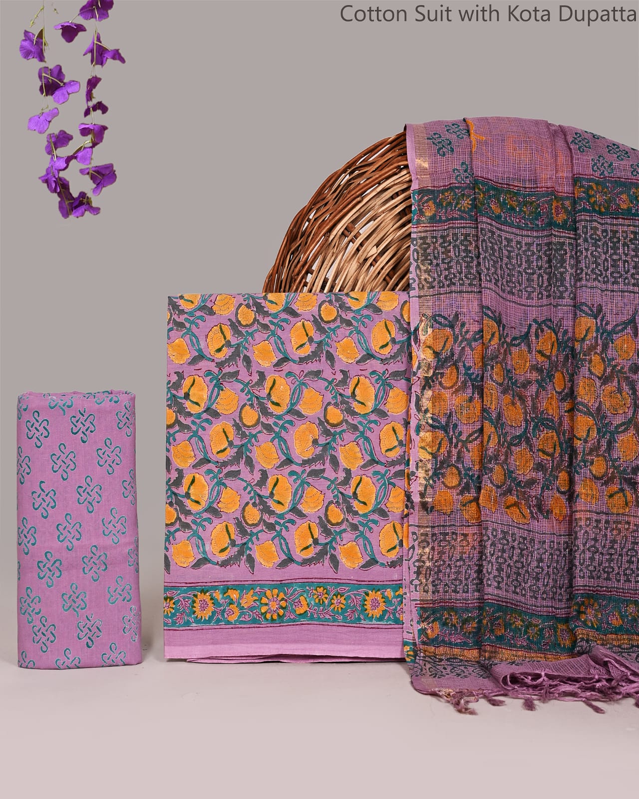 Bagrubazzar Women's Jaipur Print Handblock Cotton Suit Set with Kota Doria Dupatta